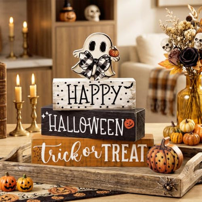 Amyhill 4 Pcs Halloween Table Decor Wooden Boo Table Sign Tiered Tray - style: Boo