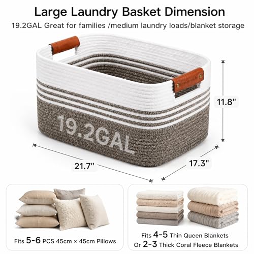 19.2GAL Large Cotton Rope Woven Laundry Basket for Bedroom Dorm Dirty Clean Clothes, Short Laundry Hamper Decorative Blanket Basket for Living Room Throw pillows Kids Toys,Books 22"x17"x12" Dark Brown - color: DarkBrown, size: 19.2GAL