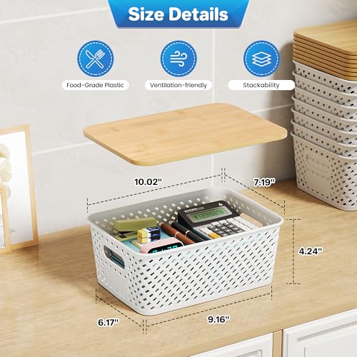 Anysig 8 Pack Plastic Storage Bins with Bamboo Lids, 5.2 QT Stackable Bins - color: Cream White