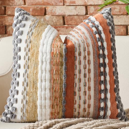 AmHoo Chenille Tufted Striped Textured Boho Throw Pillow Covers Aesthetic Woven Decorative Pillow Case for Couch Bed Sofa Bedroom Modern Funky 18 x 18-Inch Orange Grey - color: Orange Grey, size: 18" x 18" (Pack of 1)