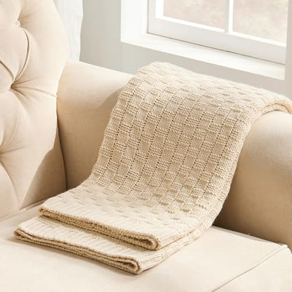 Beige Throw Blanket, Cute Checkerboard Knit, 50x60 Inches - color: Check-beige, size: 50"x60"