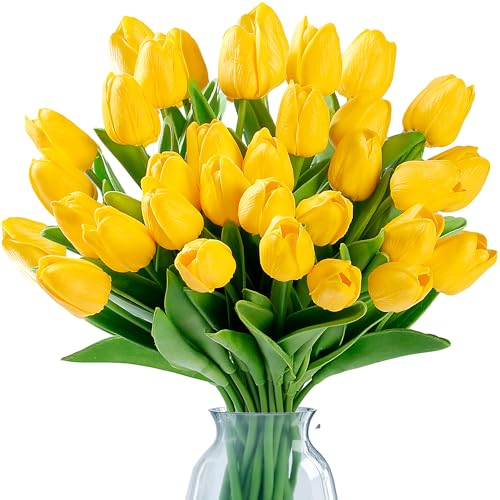 Sggvecsy 15 Pcs Fake Tulips Artificial Flowers Real Touch PU Faux Flowers Tulip Stems for Wedding Spring Bouquet Floral Arrangement Home Party Office Decorations for Mother's Day (Dark Yellow) - color: Dark Yellow, size: 15 Pcs