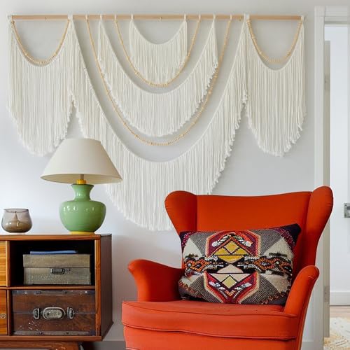 Macrame Wall Hanging Boho Yarn Art Tassel Beaded Handmade Decor 57"W*41"L - color: White