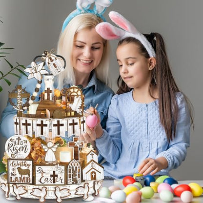 Amyhill 31 Pcs Religious Easter Tiered Tray Decor Christian Easter Decorations He is Risen Christian Wooden Signs Farmhouse Cross Lily Dove Table Decor for Home Kitchen Shelf Coffee Bar - style: Brown Easter