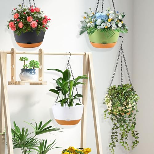 KPUVX 10 inch Hanging Planters Self Watering Pots, 3 Pack, White - color: White, size: 10 inch