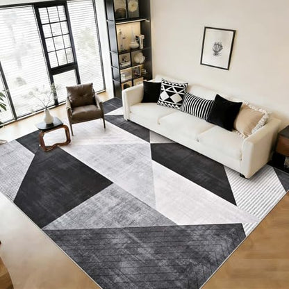 Yinhua Modern Geometric Area Rugs 9x12 Living Room Grey Washable Rugs Non Slip Low Pile, Large Soft Bedroom Rug Non Shedding, Modern Simplicity Carpet for Home Office, Dining Room, Grey Black - color: Grey, size: 9 x 12 ft