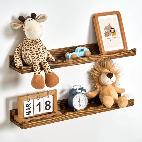 Fun Memories Picture Ledge Shelf for Wall, 24 inch Pine Wood Nursery Book Shelves Set of 2- Wall Book Shelves for Kids Room, Home Decor - Kitchen Spice-Carbonized - color: Carbonized Brown, size: 24", Set of 2