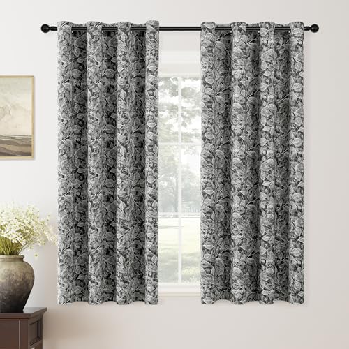 ChrisDowa 100% Black Blackout Floral Curtains 63 Inches Long 2 Panels - color: Leaf | Black, size: 52"W x 63"L (Pack of 2)