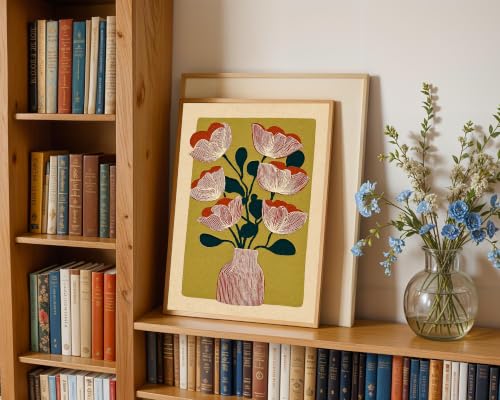 Abstract Floral Wall Art Red Stripes Vase Wall Art 16x24 inch Unframed - color: Red flower, size: 16L" x 24W"