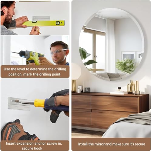 30 Inch Round Frameless Bathroom Mirror, Beveled Round Mirror - size: 30"L x 30"W