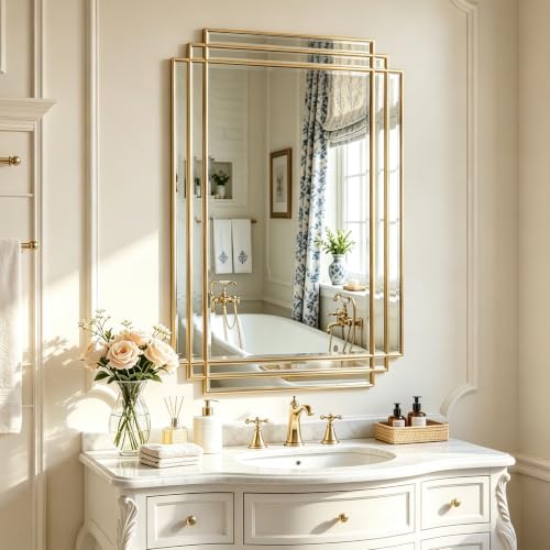 36"x24" Rectangle Beveled Wall Mirror with Gold Geometric Frame - color: Gold, size: 36"L x 24"W