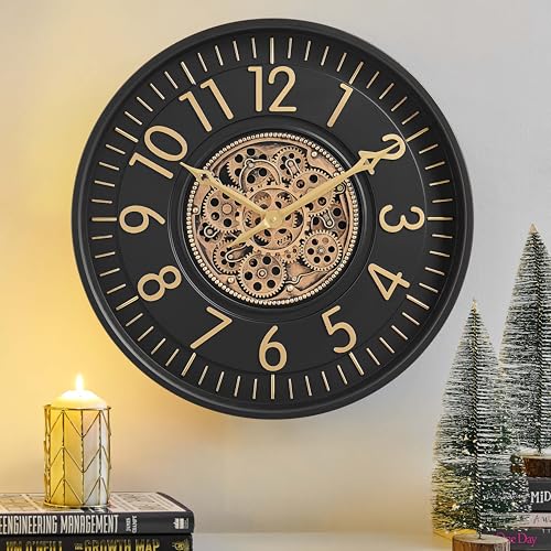 CLXEAST 21" Moving Gear Wall Clock for Living Room Decor, Arabic Numeral | Durable Metal Case, SIilent Non Ticking, Tempered Glass Lens, Modern Black Gold Wall Clock for Dinning Room & Home Office - color: 21" Modern Black& Gold