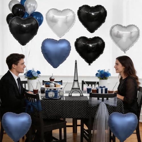 Black Blue Silver Heart Balloons,12Pcs 18Inch Heart Shaped Balloons - color: Black Blue Silver