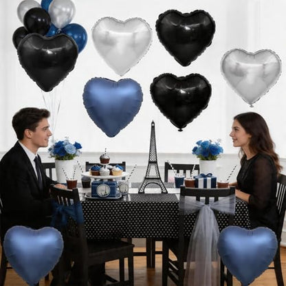 Black Blue Silver Heart Balloons,12Pcs 18Inch Heart Shaped Balloons - color: Black Blue Silver