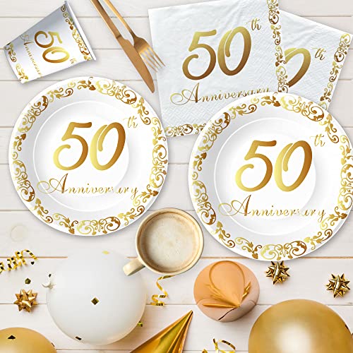 APOWBLS 50th Anniversary Decorations And Supplies Tableware Gold, Serves 24