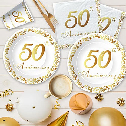 APOWBLS 50th Anniversary Decorations And Supplies Tableware Gold, Serves 24