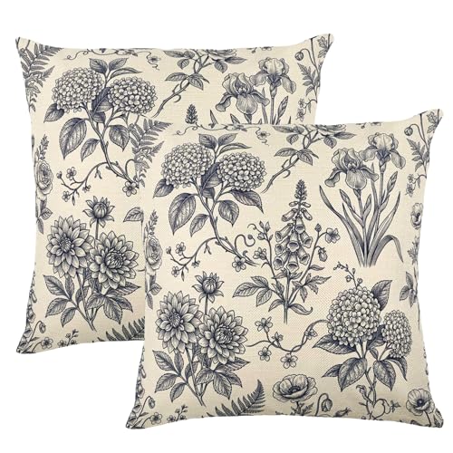 Vintage Blue Line Sketch Mixed Floral Linen Pillow Cover 18x18 Inch for Cottage Farmhouse, Insert Not Included - color: Cream-navy