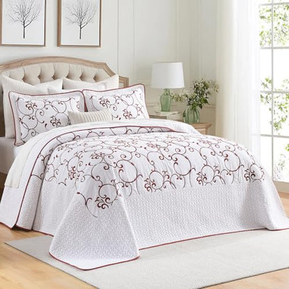 100% Cotton Oversized King Bedspreads 128x120, Burgundy White - color: White/Burgundy, size: Extra Wide Super King(128"x120")