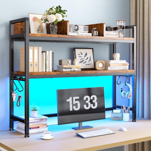 REIBII 2-Tier Desk Shelf with LED for Bedroom and Home Office, Rustic Brown - color: Rustic Brown, size: 7.8"D x 37.5"W x 38.7"H
