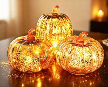 Mercury Glass Pumpkin Lights with Timer Set of 3, Battery Operated Glass Pumpkin for Halloween Thanksgiving Fall Autumn Decorations Tabletop Home Holiday Decor, Gold (Height:5.5“/7.7”)