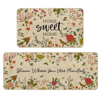 Spring Summer Kitchen Mats Vintage Florals Bird Low Profile Rugs