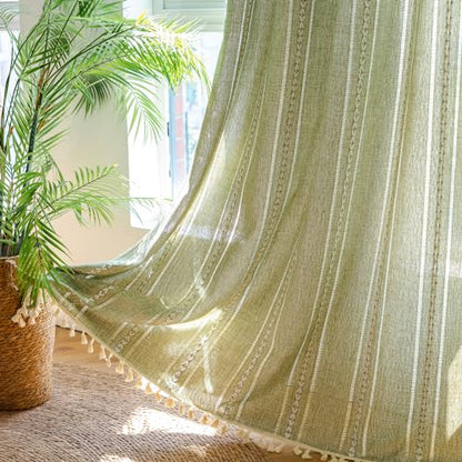 Deeprove Green Boho Linen Curtains 72 inches Length for Bedroom Living Room Dining Nursery Closet, Hollow Sage Semi Sheer Curtains Darkening Embroidery Drape Window Treatment, 1 Panel W52 x L72 - color: Green, size: 52"W x 72"L (Pack of 1)