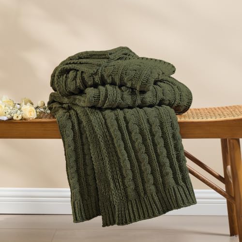 Dark Khaki Cable Knit Throw Blanket,Extra Thick Cozy Sofa Blanket 50x60 - color: Olive Green, size: 50"x60"