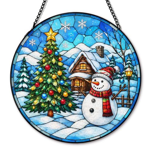 Rustic Winter Snowman Suncatcher Stained Glass Window Hanging, Farmhouse Christmas Tree Sun Catchers Indoor Window Glass Round Wall Decor,Winter Xmas Cottage Wall Art Hanging Decorations 7.8x7.8 - color: Christmas_14