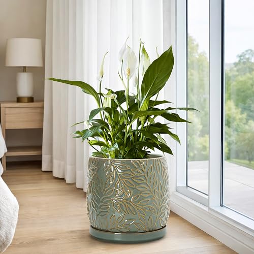 D'vine Dev Embossed Leaves Ceramic Planter, 8 in, Olive, 27-A-Q-0 - color: Olive, size: 8 Inch