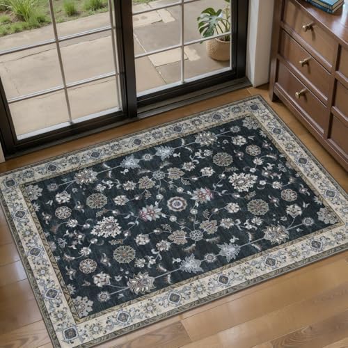 Tangsoo Black 2x3 Washable Rugs for Entryway, Vintage Non Slip Small Rug - color: Black, size: 2' X 3' (Rectangular)