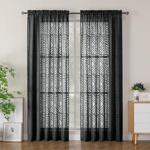 Simplebrand Semi Sheer Black Curtains 84 Inches Long 2 Panels, Light Filtering Geometric Jacquard Clip Textured Sheer Curtains for Bedroom，Modern Elegant Window Curtains Drapes，52x84 inch - color: Black, size: 52"W x 84"L (Pack of 2)