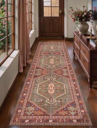Ciicool Long Washable Runners Area Rug for Hallways,Ultra Soft 2x8ft Carpet - color: Terracotta/Green, size: 2' X 8' (Runner)
