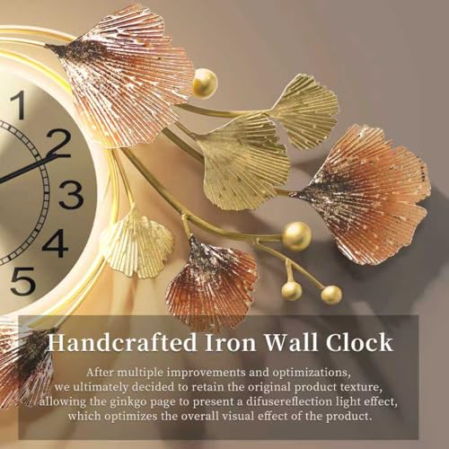 Modern 35''x20'' Metal Wall Clock Featuring a Silent Movement and Creative Ginkgo Leaf Design Living Room, Bedroom, or Office Decor - size: 19''Lx35''W