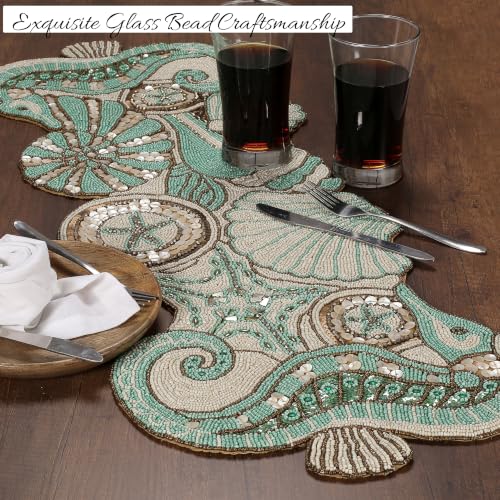 ALPHA Living HOME Handmade Beaded Runner 13x36 Inch Green Brown Table Decor - color: Green/Gold/Ivory
