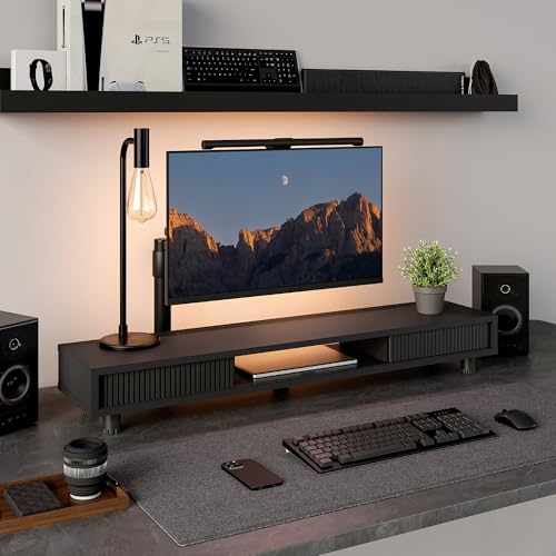 Fenge Dual Monitor Stand with Storage, Desk Shelf with Glass Sliding Door - color: Black