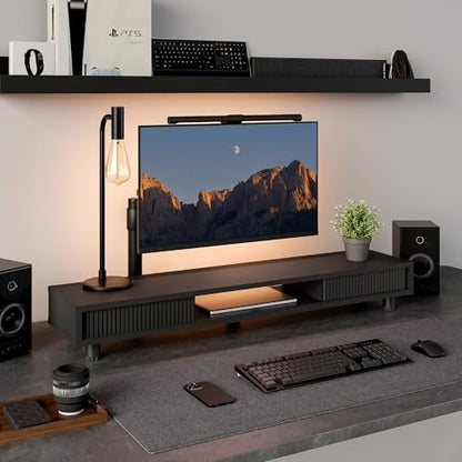 Fenge Dual Monitor Stand with Storage, Desk Shelf with Glass Sliding Door - color: Black