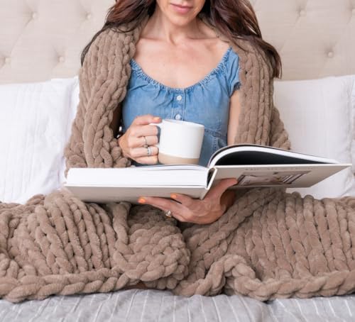 SAMIAH LUXE Chunky Knit Throw Blanket 50x70 in, 8 lb Sandstone Brown - color: Sandstone, size: 50x70in