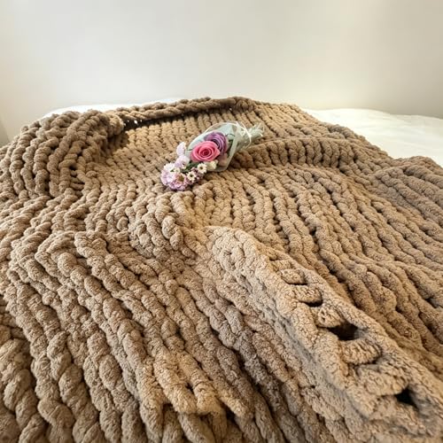 Soft Chunky Knit Throw Blanket for Couch, Cozy Warm Knitted Blankets - color: Light Brown, size: 40\"x40\"(Small SizeThrow)