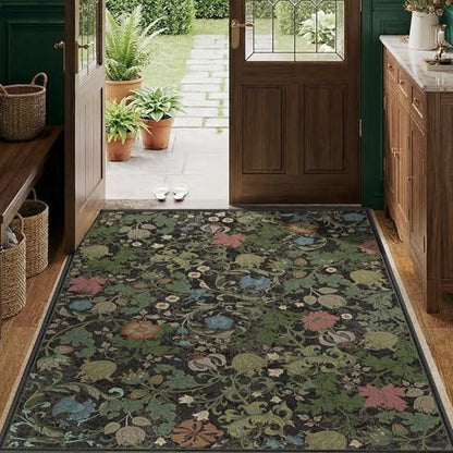 Deerly Floral Area Rug 4x6, Washable Living Room Rug Non Slip, Black Green - color: Black, size: 4'x6'
