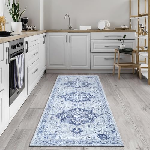 Bloom Rugs Washable Non-Slip 7 ft Runner - Gray/Blue Traditional Medallion Runner for Entryway, Hallway, Bathroom, and Kitchen - Exact Size: 2.5' x 7' - color: Gray / Blue, size: 2'6" x 7' (Runner)
