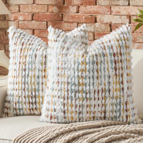 AmHoo Set of 2 Boho Chenille Pillow Cover,20 x 20-Inch Brown White - color: Brown White, size: 20" x 20" (Pack of 2)