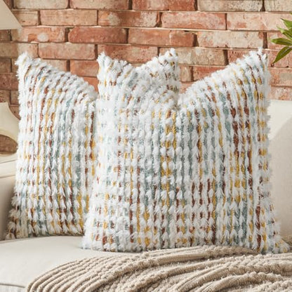 AmHoo Set of 2 Boho Chenille Pillow Cover,20 x 20-Inch Brown White - color: Brown White, size: 20" x 20" (Pack of 2)