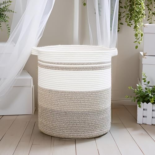80L Foldable Cotton Rope Laundry Hamper, Oversized Woven Storage Basket with Sturdy Handles for Blankets Toys Nursery, Triple Brown Earth Tone
