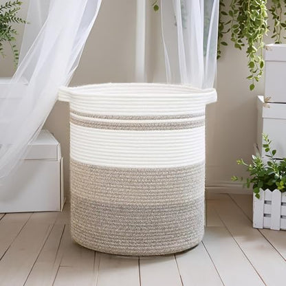 80L Foldable Cotton Rope Laundry Hamper, Oversized Woven Storage Basket with Sturdy Handles for Blankets Toys Nursery, Triple Brown Earth Tone
