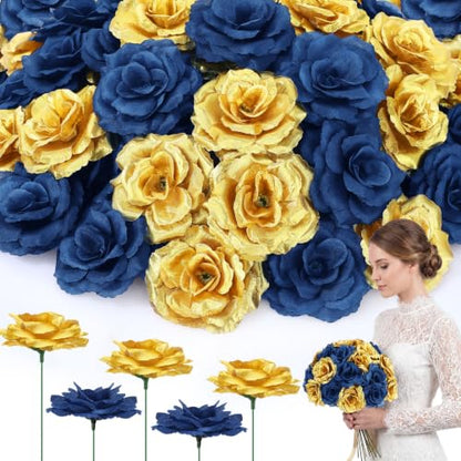 Yunlly 100 Pcs Artificial Flower for Wedding, Navy Blue, Gold - color: Navy Blue, Gold