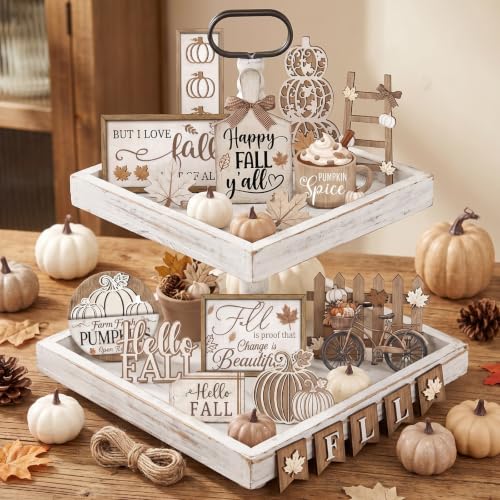 Shellwei 20 Pcs Fall Tiered Tray Decor Set, Neutral Autumn Pumpkin Sign - style: Maple Leaves