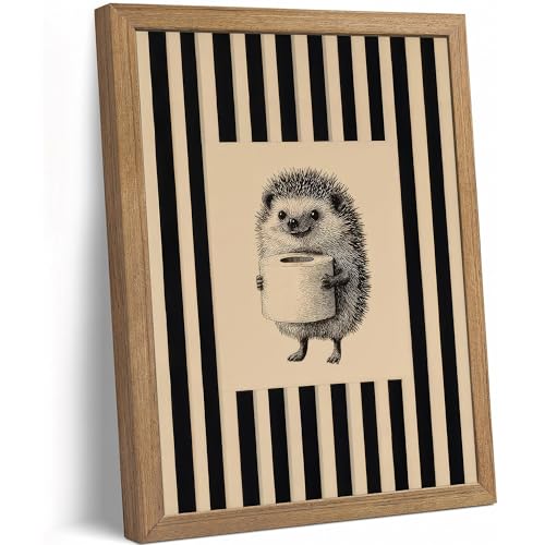 DGBQMK Funny Bathroom Wall Art Hedgehog Holding Toilet Paper Canvas Print, Vintage Black and White Striped Rustic Natural Wood Framed Animal Poster for Restroom Washroom Decor, 8x10 inch - color: hedgehog, size: 10"Lx8"W