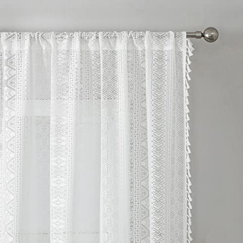 White Boho Sheer Lace Window Curtains with Tassel, 40" Wx90 Lx2 - color: White, size: 40"W x 90"L (Pack of 2)