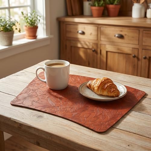 Faux Leather Set of 6, Placemats with Carving Floral Design - color: Brown