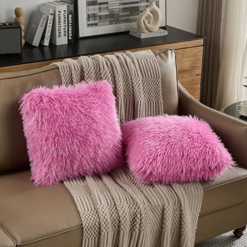FUTEI Pack of 2 Faux Wool Throw Pillow Covers 18x18 Inch, Hot Pink - color: Hot Pink